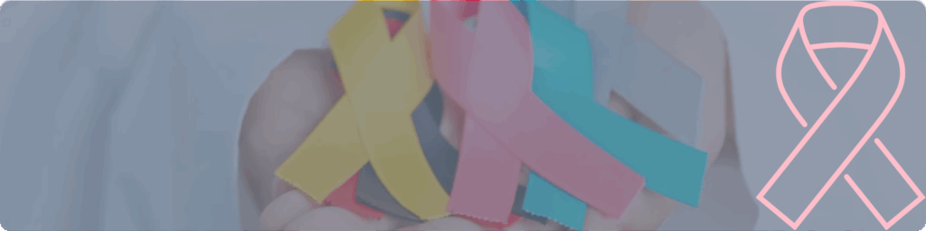 Lazo rosado sobre fondo informativo para concientización del cancer de mama